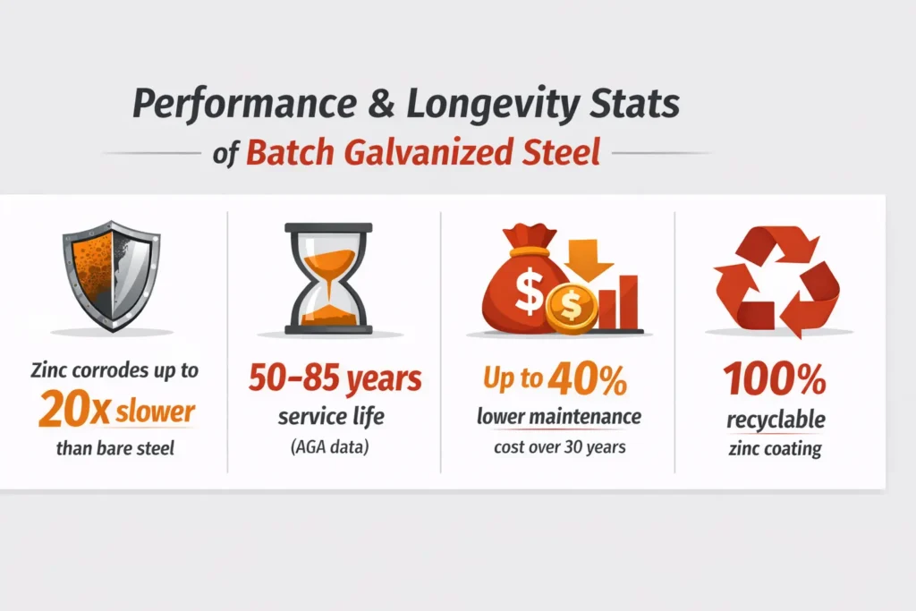 Infographic showing performance and longevity stats of batch galvanized steel, including zinc corrosion protection (20× slower than bare steel), 50–85 years service life (AGA data), up to 40% lower maintenance cost over 30 years, and 100% recyclable zinc coating.