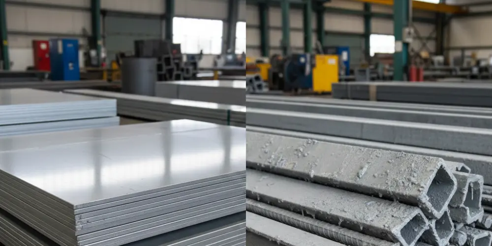 Side-by-side comparison of pre-galvanized steel sheets with a smooth finish versus hot-dip galvanized steel tubes showing a thick, textured protective zinc coating.