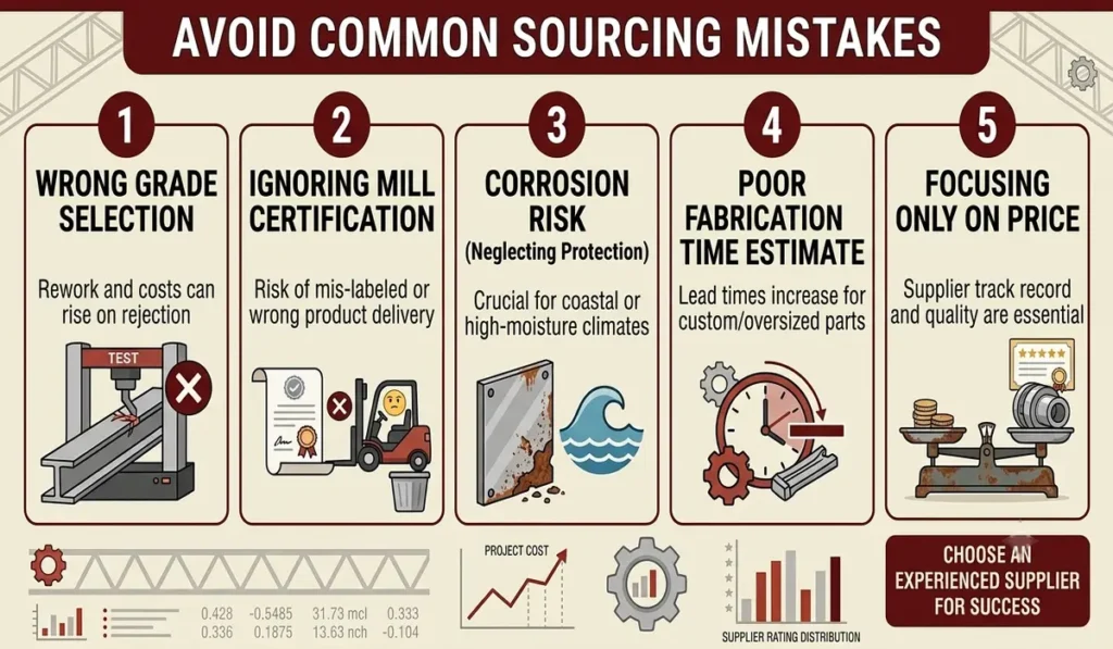 Infographic showing five common steel sourcing mistakes: wrong grade selection, ignoring mill certification, corrosion risk, poor fabrication time estimates, and focusing only on price, with guidance to choose an experienced supplier.