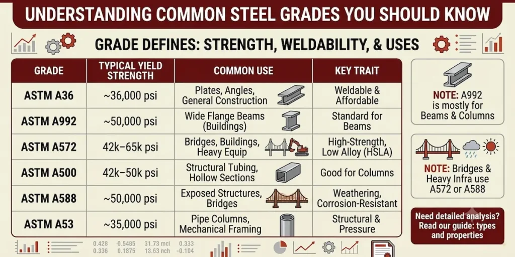 Comparison of ASTM A36, A992, A572, A500, A588, and A53 steel grades with yield strength and common uses.
