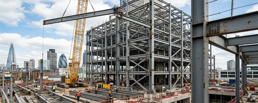 Steel frame building under construction with structural steel beams, crane, and workers at an urban construction site.