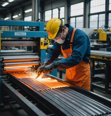 Worker cutting steel in a manufacturing facility