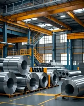 Steel coils and metal pipes stored inside an industrial steel manufacturing facility
